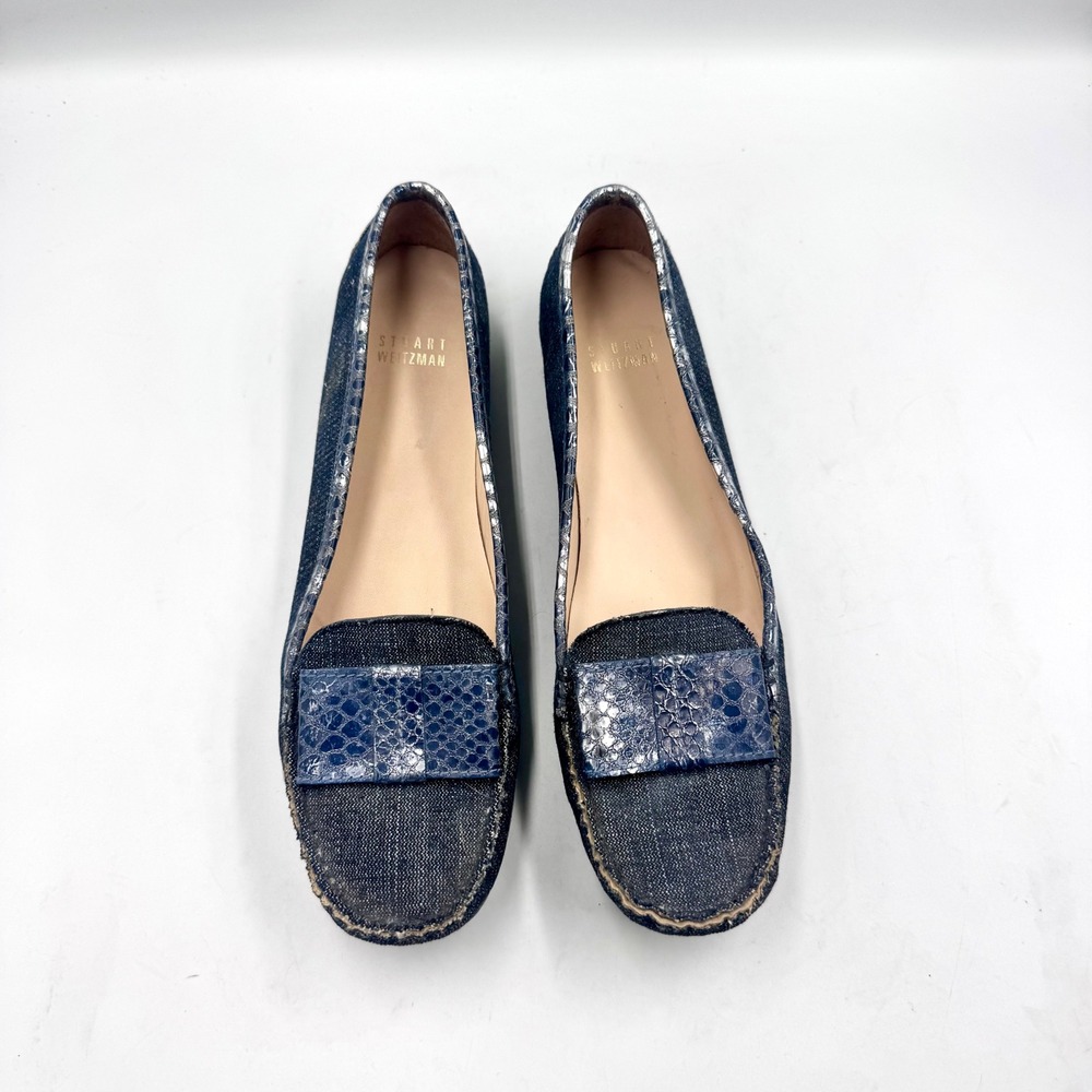 Stuart Weitzman CILW Denim Snakeskin Embossed Loafers Metallic 8.5N Retail $400